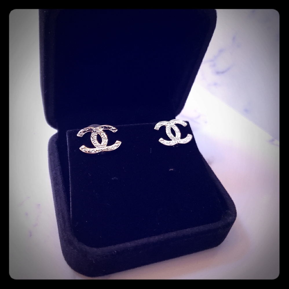 Vtg Coco Chanel silver hieroglyphics stud earrings